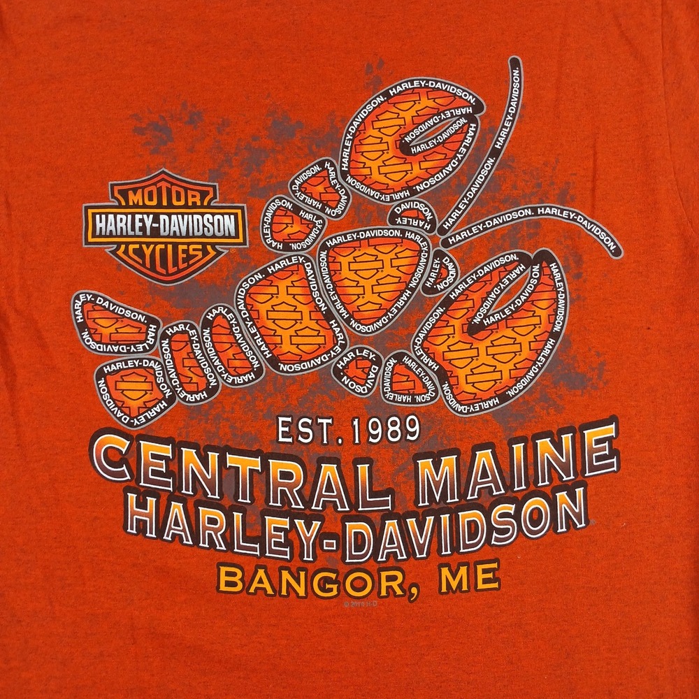 Harley Davidson Shirt Mens Medium Orange Graphic Central Maine Bangor Oil Tee - Picture 12 of 13